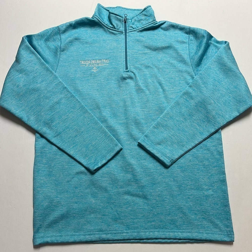 Men’s Aqua Blue Captain Hiram’s Restaurant Quarter Zip Polyester Sweater Sz L